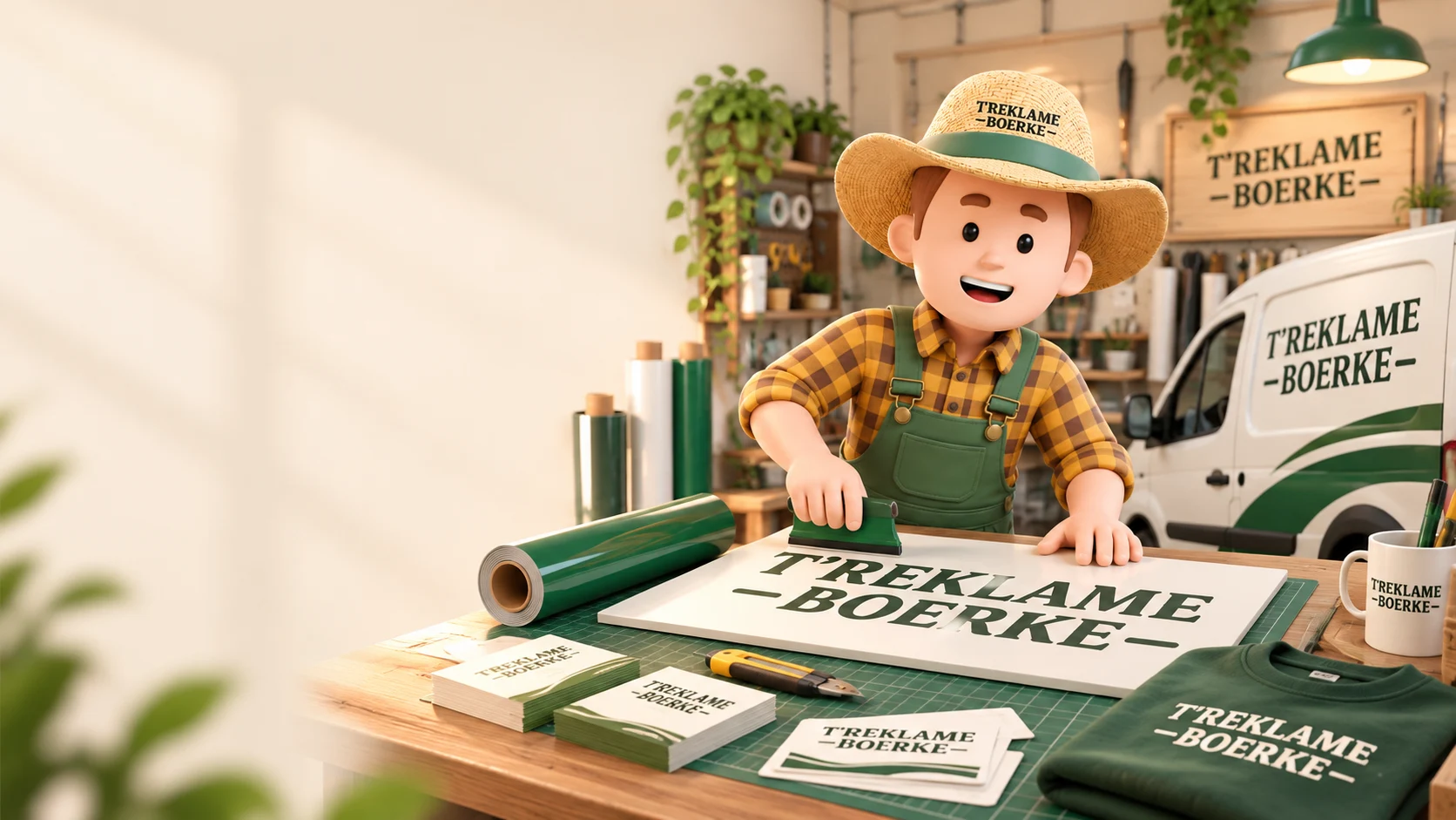 De originele Boerke-mascotte maakt belettering in zijn reclameatelier, omringd door drukwerk, een bedrukte trui en een bestelwagen.