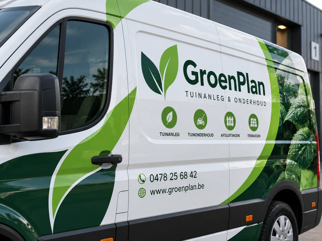 Groene en witte belettering op een bestelwagen met het logo van GroenPlan.